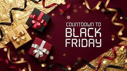 Festive countdown to black friday with gift boxes and sparkling confetti on a deep red background