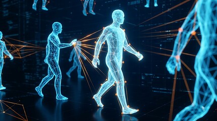 Futuristic digital human avatars walking through a glowing abstract network of data connections and lines representing technology and connection