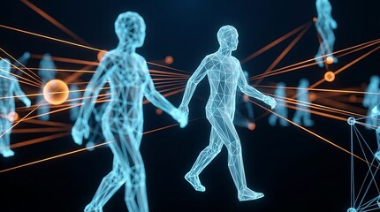 Abstract digital representation of human figures connected by glowing lines symbolizing network connections and data flow in a futuristic cyberspace