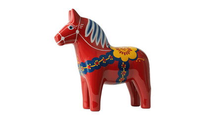 A traditional Swedish Dala horse figurine, vibrantly red with blue, yellow, and white intricate folk art patterns, standing gracefully. background removed