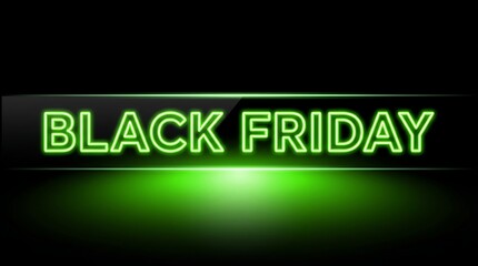 Bright neon green black friday text glowing against a dark background with subtle light effects
