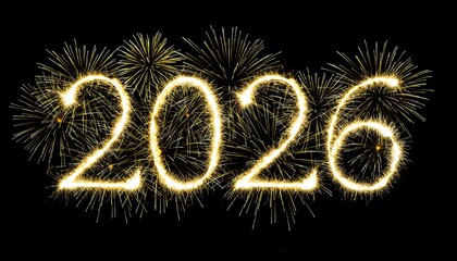Bright golden glowing numbers of the year 2026 illuminated by a vibrant explosion of colorful fireworks on a dark background