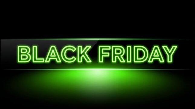 Bright neon green black friday text glowing against a dark background with subtle light effects