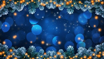 Festive winter wonderland with glowing fairy lights and snow dusted evergreen branches framing a deep blue bokeh background