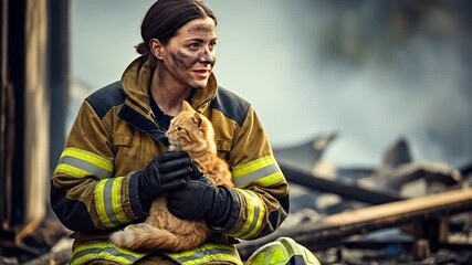 Firefighter rescues and comforts cat after house fire, showing compassion and hope