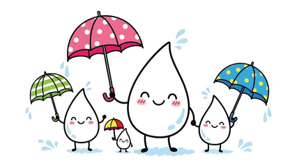 Joyful Raindrops Under Umbrellas: A cheerful ensemble of animated raindrops, each with a unique personality, taking shelter under colorful umbrellas, symbolizing protection and happiness. 