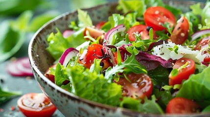 Fresh garden salad with tomatoes and red onion in a bowl
