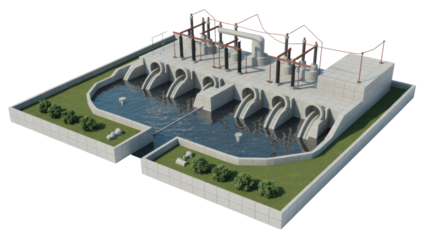 Isometric 3D rendering of a water treatment plant or small hydroelectric facility with concrete channels, electrical infrastructure, and landscaped surroundings. background removed