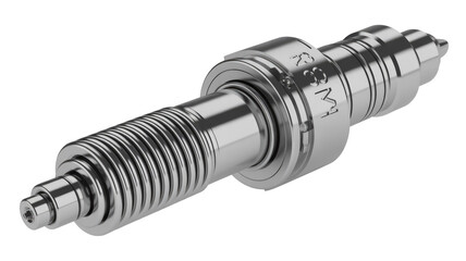 Shiny metallic industrial component, possibly a sensor or connector, featuring a ribbed body and 'R8M1' inscription, rendered with high precision. background removed