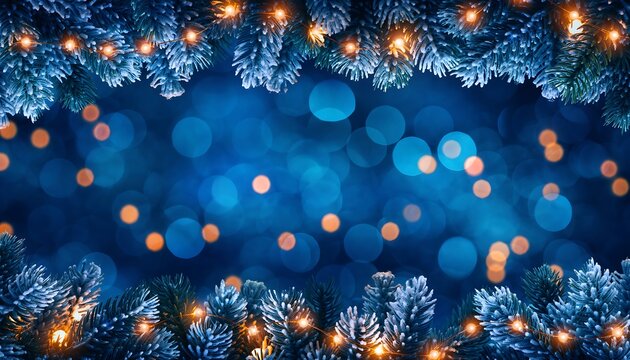 Festive christmas tree branches adorned with glowing fairy lights creating a magical bokeh background for holiday greetings