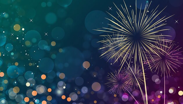 Vibrant burst of golden fireworks illuminating the night sky with a bokeh effect of colorful lights and a celebratory atmosphere