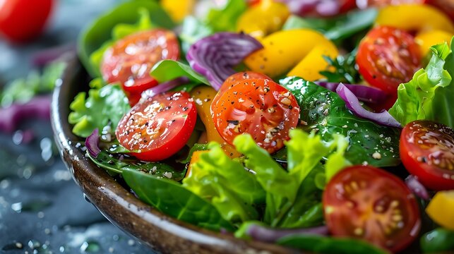 Fresh vibrant salad with cherry tomatoes and leafy greens close up