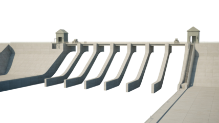A modern concrete dam with multiple spillways and control towers, isolated on a transparent background, ideal for engineering and infrastructure projects. background removed