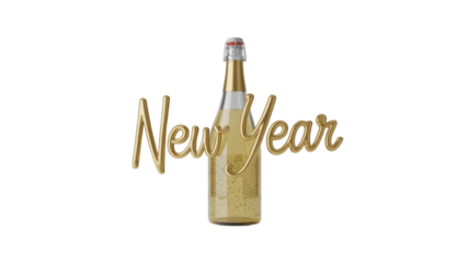 Golden 'New Year' text and a sparkling champagne bottle create a festive celebration theme for holiday greetings and events. background removed
