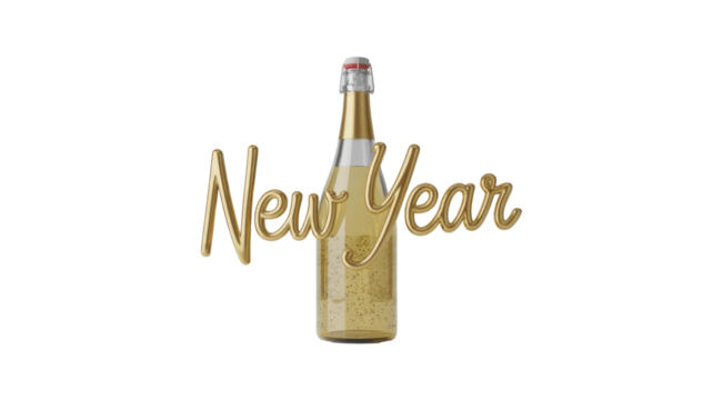 Golden 'New Year' text and a sparkling champagne bottle create a festive celebration theme for holiday greetings and events. background removed - Powered by Adobe