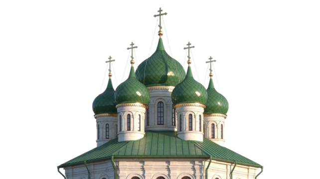 A beautiful Russian Orthodox church top with multiple green onion domes and golden crosses, set against a solid transparent background. background removed