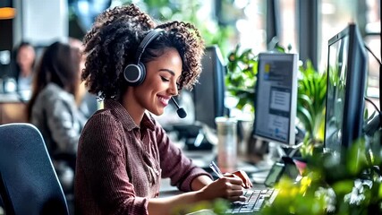 Holiday shopping season. Retail business promotion concept. A woman with curly hair wearing a headset in a call center setting. - Powered by Adobe