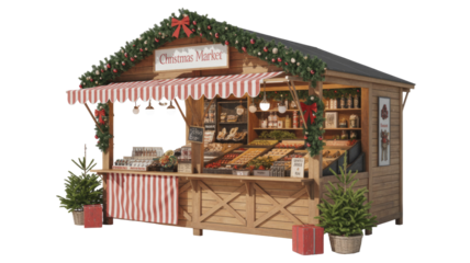A festive wooden Christmas market stall adorned with garlands, selling a variety of traditional holiday treats, baked goods, and gifts. background removed