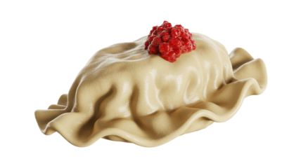 A single beige pierogi or dumpling, crimped, topped with a vibrant mound of stewed red berries on a transparent background. Delicious. background removed