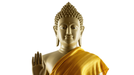 A golden Buddha statue with a serene expression, right hand raised in an Abhaya mudra, draped in a vibrant yellow robe against a solid transparent background. background removed