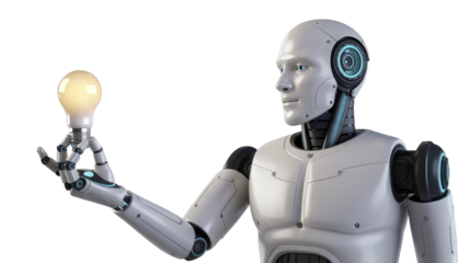 Humanoid robot holding a bright light bulb, symbolizing artificial intelligence, innovation, and new ideas on a transparent background. background removed