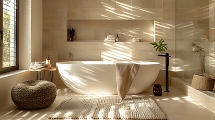 Luxurious freestanding bathtub bathed in warm sunlight and shadows
