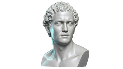 A detailed classical white marble bust of a young man with curly hair, rendered with subtle blue lighting on a transparent background. background removed