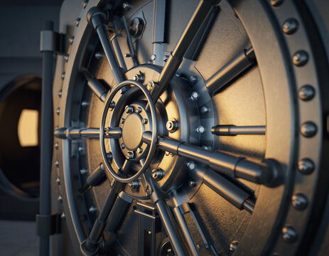 Dramatic closeup of a heavy vault door, symbolizing security, protection, and impenetrability. Great for finance, mystery, or risk management concepts.