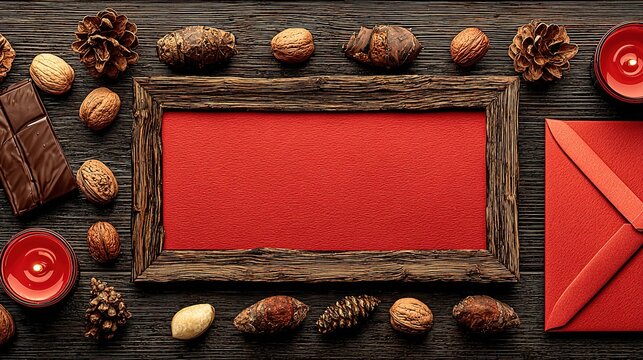 Handmade-gift guide flat lay: pine wreath on dark wood, cream candlelight, kraft chocolates, red envelope, swap-candle accent, great for tutorial cover or print flyer