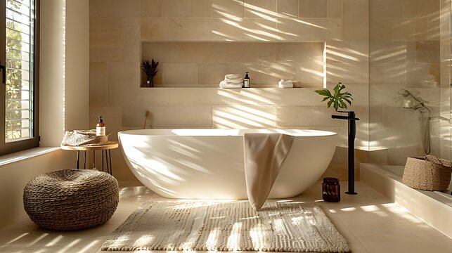 Luxurious freestanding bathtub bathed in warm sunlight and shadows - Powered by Adobe