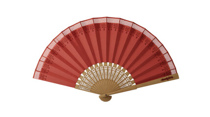 Elegant open red folding fan with intricate floral patterns on its wooden base and a delicate lace-like design. background removed