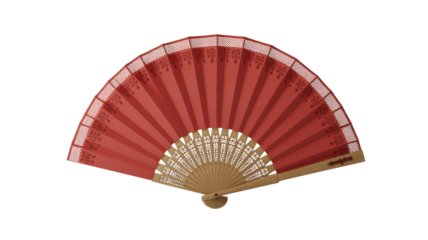 Elegant open red folding fan with intricate floral patterns on its wooden base and a delicate lace-like design. background removed