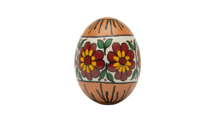 A hand-painted traditional Easter egg, showcasing vibrant red and yellow floral patterns and green leaves on natural and white sections. background removed