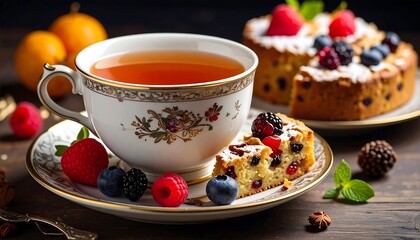 A cup of tea with a slice of cake, berries, and oranges on a wooden table