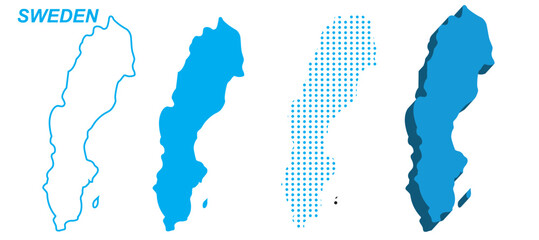 Sweden Map Vector Set, Europe Outline Silhouette Dotted 3D Solid Shapes, Sweden Country Infographic Template, Editable EPS Sweden Geography