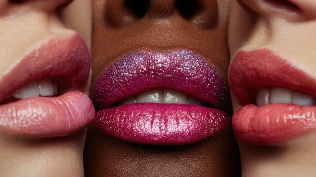 Close up view of three women's lips wearing vibrant pink coral and glittery magenta lipsticks - Powered by Adobe