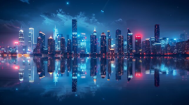 Vibrant futuristic cityscape with glowing neon lights reflecting on water at night