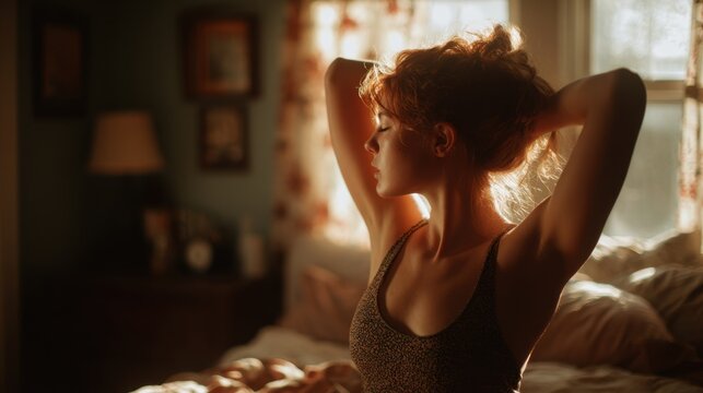 Young woman with red hair tying up her hair in a dimly lit bedroom during golden hour