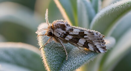 Beautiful patterned moth sparkling with morning dew drops macro shot