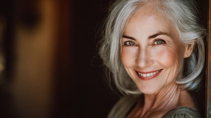 Close up portrait of a smiling senior woman with striking gray hair and green eyes soft lighting