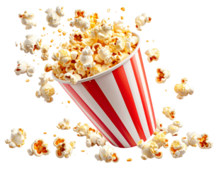 Popcorn Tub Spilling Golden Popcorn Pieces, Angled Perspective, Isolated (2)