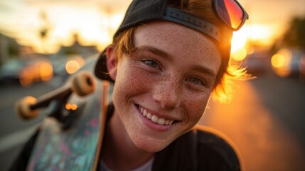 Close up of a smiling freckled teenage boy with ginger hair wearing a baseball cap holding a skateboard at sunset