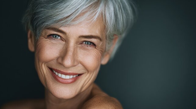 Close up portrait of a smiling elderly woman with short gray hair and blue eyes