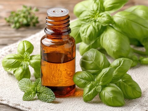 Still-life spa menu flat-lay: blue-label oil bottle centered, basil & mint scattered on linen texture, soft shadows, print manual page for restaurant or hotel