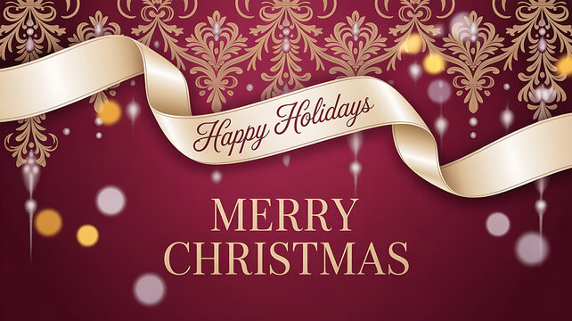 Maroon background with gold damask pattern happy holidays banner and merry christmas text
