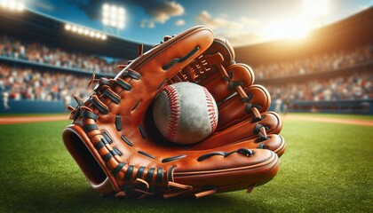 Leather baseball glove securely holds the ball, preparing for a tense game on the field, close-up