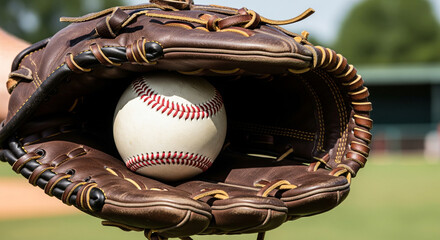 Leather baseball glove securely holds the ball, preparing for a tense game on the field, close-up
