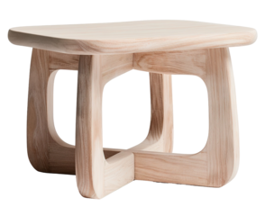 A side table made from Scandinavian oak featuring soft curves. It is cut out against a transparent background, perfect for showcasing modern design