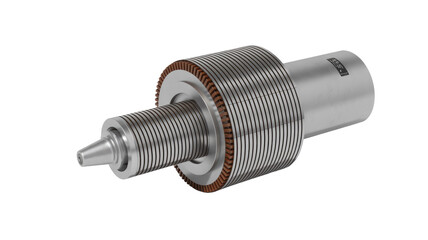 Precision-machined metal rotor with intricate stacked laminations and visible copper-colored end rings, a key component for electric motors or industrial applications. background removed