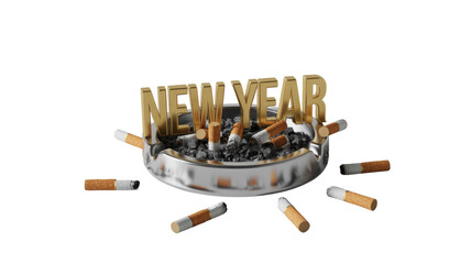 Golden 'NEW YEAR' text rises from an ashtray overflowing with cigarette butts and ash, symbolizing resolutions to quit smoking or past habits. background removed